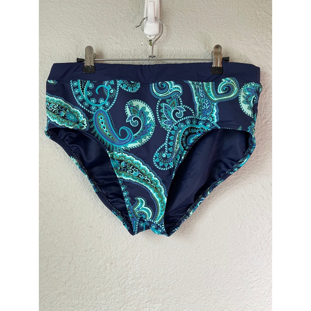 Lands' End Women's Swimsuit Bottoms Size 14 Paisley Print High Waist‎ Navy Blue